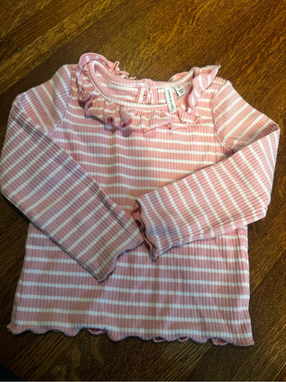 Janie and Jack Pink & White Striped Ruffle Neck Top